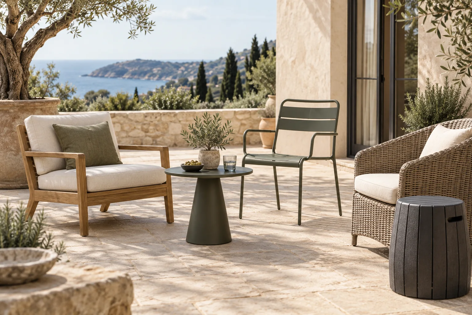 Teak, aluminium, steel and woven outdoor furniture on a Mediterranean terrace