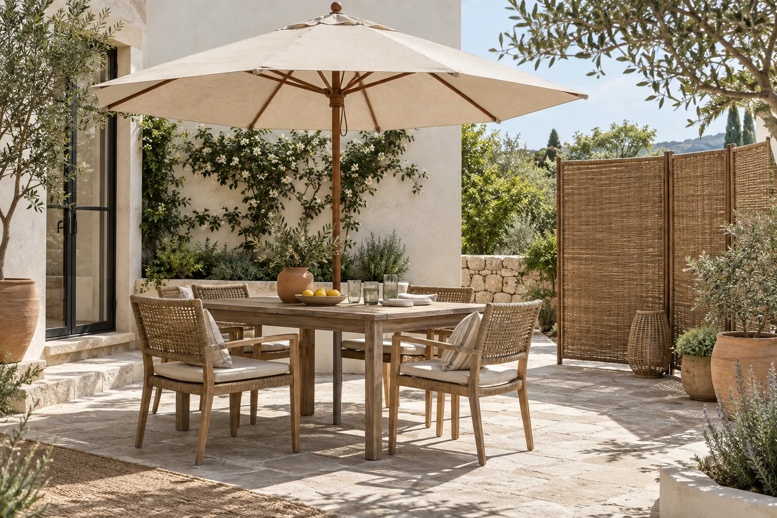 Mediterranean patio dining area shaded by a removable linen market umbrella