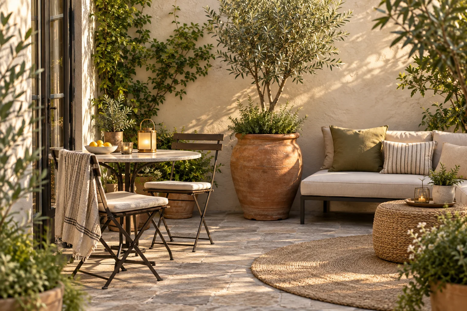 Small Mediterranean patio with compact furniture, a terracotta planter and warm portable lighting