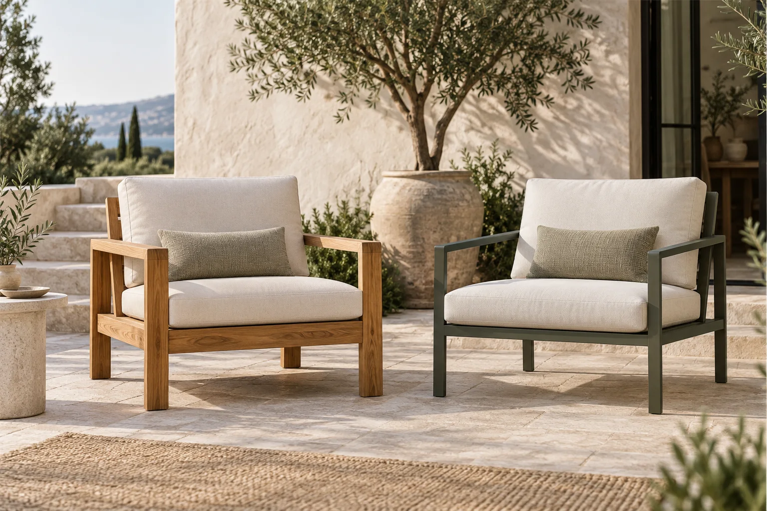 Teak and powder-coated aluminium lounge chairs on a Mediterranean terrace